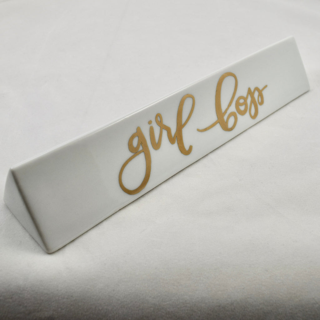 Girl Boss Name Plate Sign Office Desk Ceramic White Gold