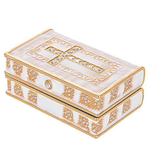 White Gold Cross Bible Trinket Jewelry Box Ring Holder