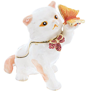 White Cat Butterfly Trinket Jewelry Box Ring Holder Sparkling Pink Rhinestones