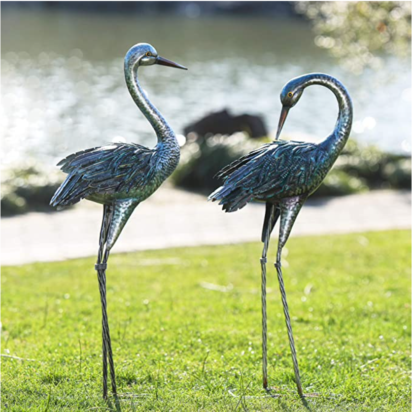 Set Of 2 Blue Heron Garden Statues – Metal Yard Art, Coastal Crane Decor, 40 Inch Tall