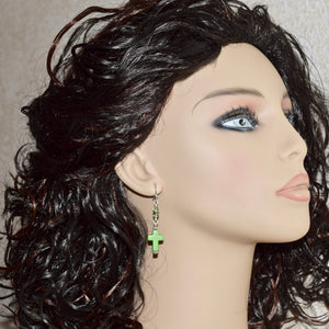 Green Stone Cross Crystal Silver Earrings