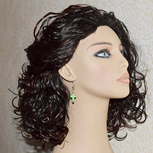 Green Stone Cross Crystal Silver Earrings