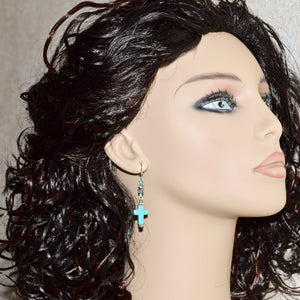 Turquoise Blue Cross Crystal Silver Earrings