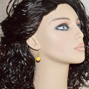Yellow Brown Round Stone Crystal Silver Earrings