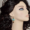 Turquoise Blue Stone Heart Crystal Gold Bronze Earrings