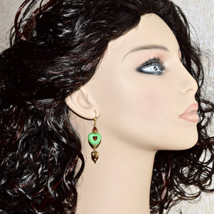 Green Stone Heart Crystal Bronze Gold Earrings