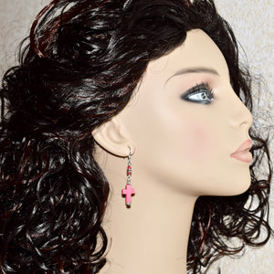 Pink Stone Cross Crystal Silver Earrings