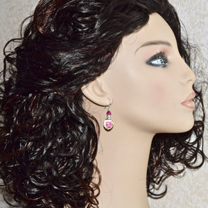 Fuchsia Purple Rose Flower Crystal Silver Earrings