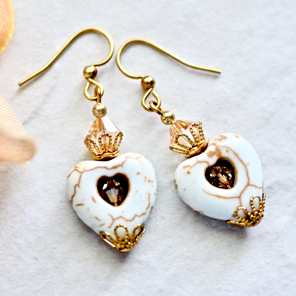White Ivory Stone Heart Crystal Gold Earrings