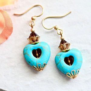 Turquoise Blue Stone Heart Topaz Crystal Gold Earrings