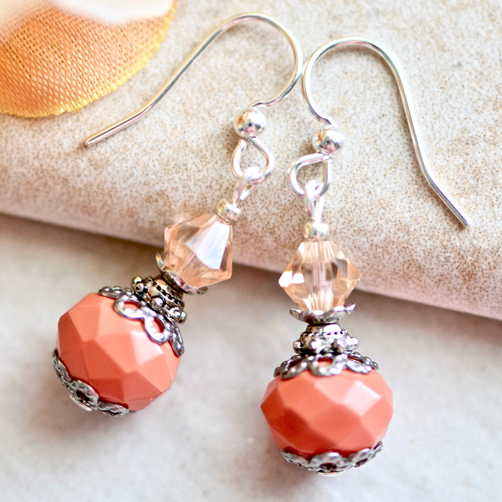 Salmon Orange Pink Glass Bead Crystal Silver Earrings