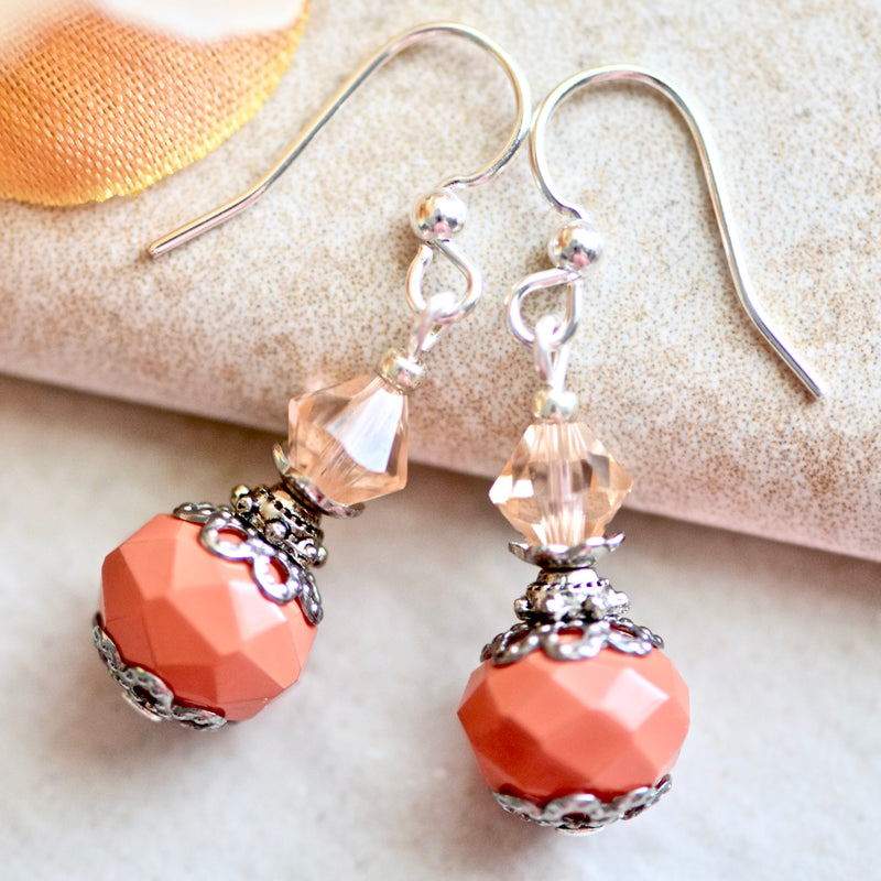 Salmon Orange Pink Glass Bead Crystal Silver Earrings