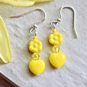 Yellow Czech Flower Heart Glass Bead Crystal Silver Earrings