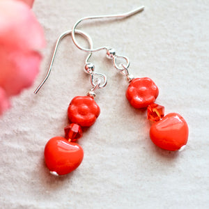 Orange Czech Flower Heart Glass Bead Crystal Silver Earrings
