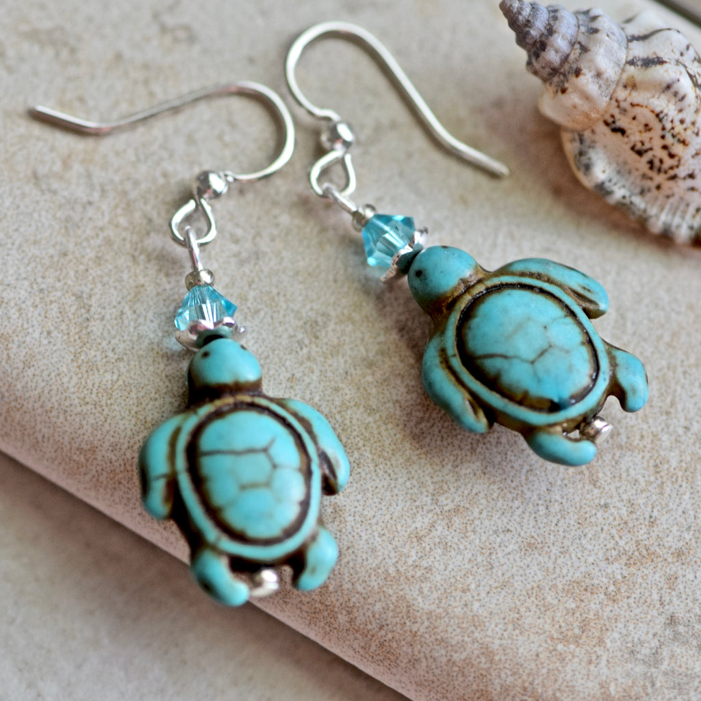 Blue Sea Turtle Stone Crystal Silver Earrings
