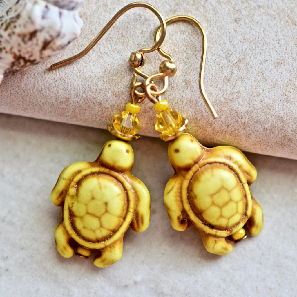 Yellow Sea Turtle Stone Crystal Gold Earrings