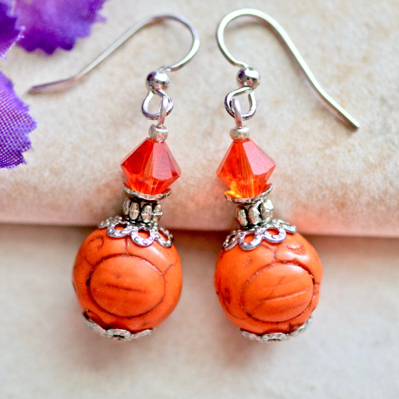 Orange Brown Round Stone Crystal Silver Earrings