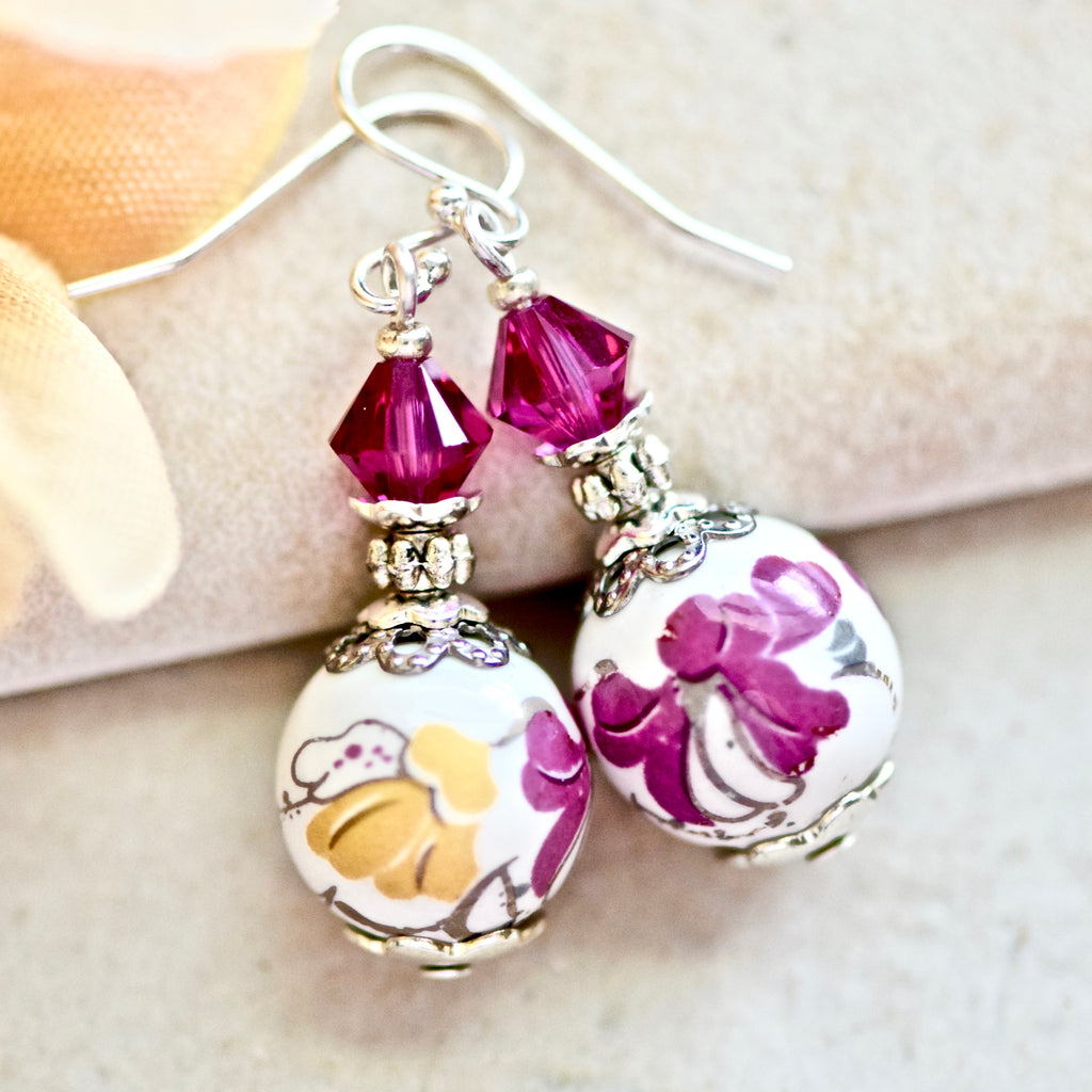 Purple Ribbon Yellow Crystal Silver Earrings