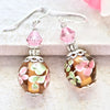 Pink Green Floral Lampwork Glass Crystal Sterling Silver Earrings
