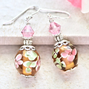 Pink Green Floral Lampwork Glass Crystal Sterling Silver Earrings