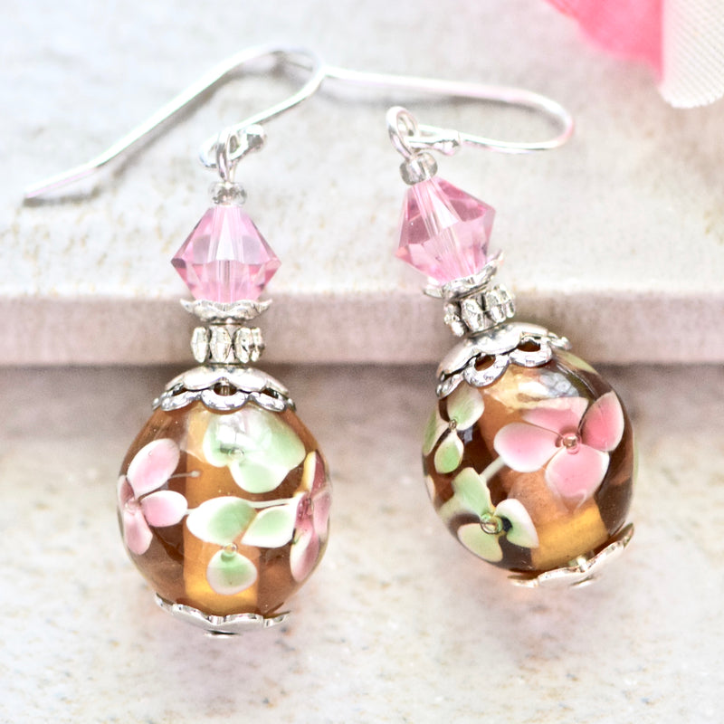 Pink Green Floral Lampwork Glass Crystal Sterling Silver Earrings