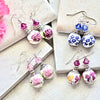 Fuchsia Purple Rose Flower Crystal Silver Earrings
