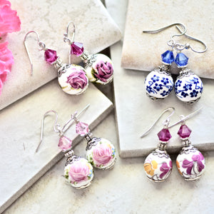 Fuchsia Purple Rose Flower Crystal Silver Earrings