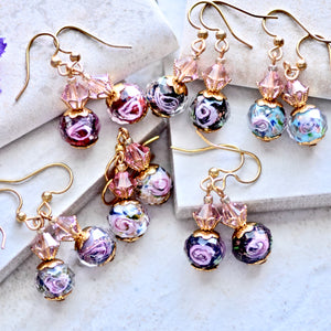 Red Lavender Lampwork Glass Crystal Gold Earrings