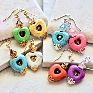 Turquoise Blue Stone Heart Topaz Crystal Gold Earrings