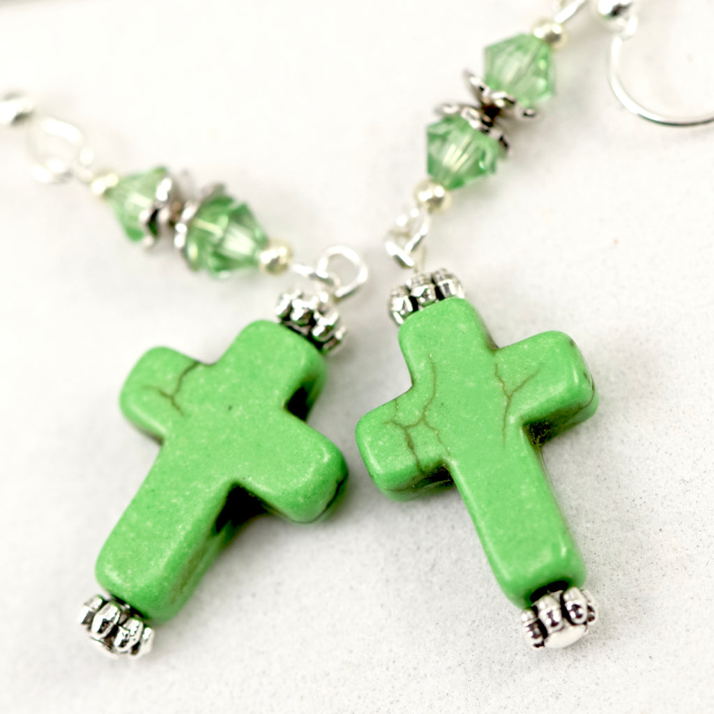 Green Stone Cross Crystal Silver Earrings