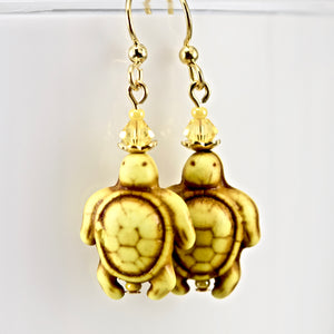 Yellow Sea Turtle Stone Crystal Gold Earrings