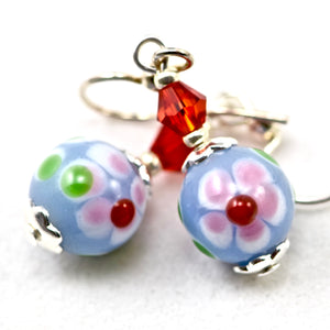 Blue Red Flower Lampwork Glass Crystal Silver Earrings