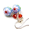 Blue Red Flower Lampwork Glass Crystal Silver Earrings