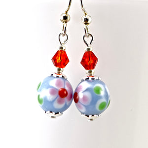 Blue Red Flower Lampwork Glass Crystal Silver Earrings