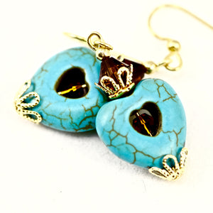 Turquoise Blue Stone Heart Topaz Crystal Gold Earrings
