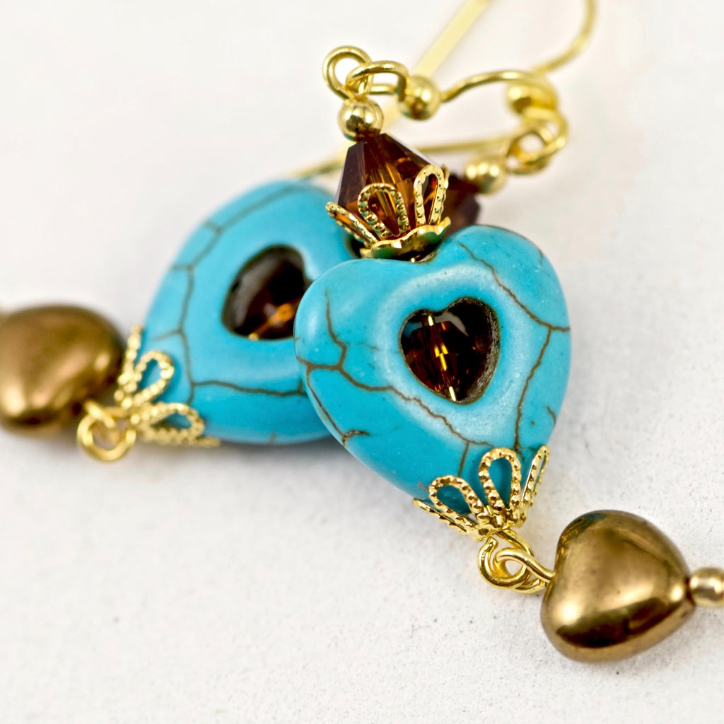 Turquoise Blue Stone Heart Crystal Gold Bronze Earrings