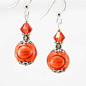 Orange Brown Round Stone Crystal Silver Earrings