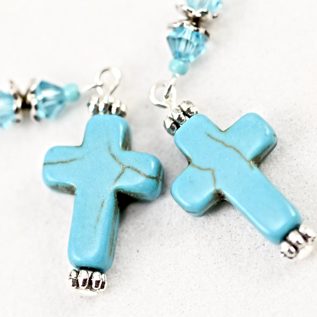Turquoise Blue Cross Crystal Silver Earrings