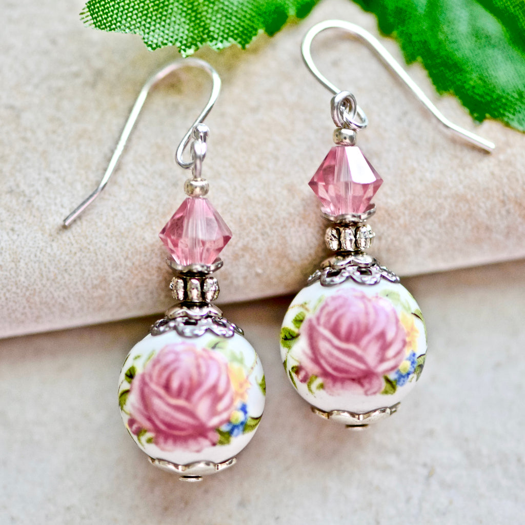 Pink Rose Flower White Crystal Silver Earrings
