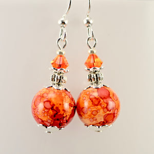 Orange Glass Balls Crystal Silver Earrings