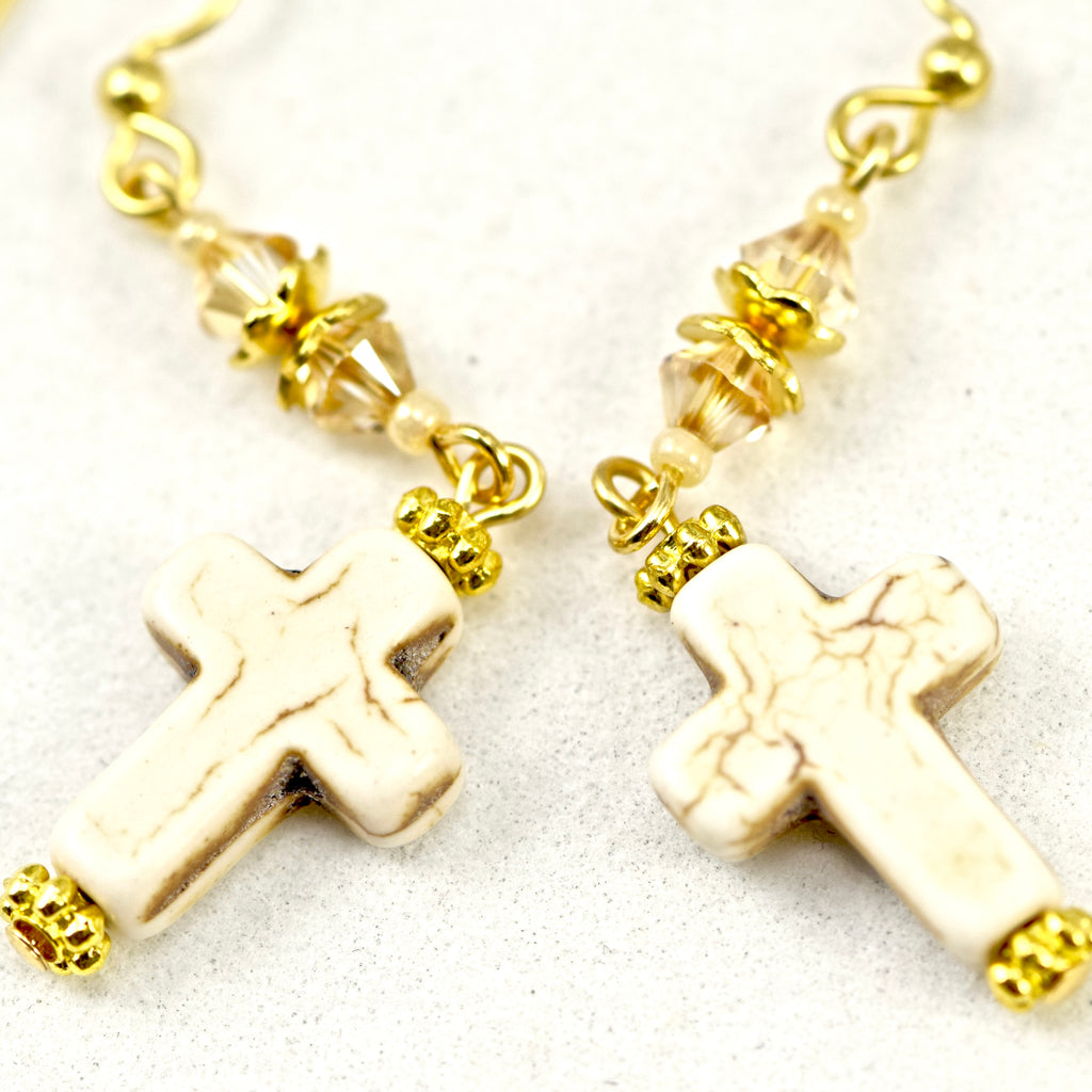 Ivory Cream Stone Cross Crystal Gold Earrings