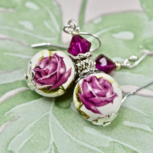 Fuchsia Purple Rose Flower Crystal Silver Earrings