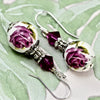 Fuchsia Purple Rose Flower Crystal Silver Earrings