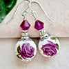 Fuchsia Purple Rose Flower Crystal Silver Earrings