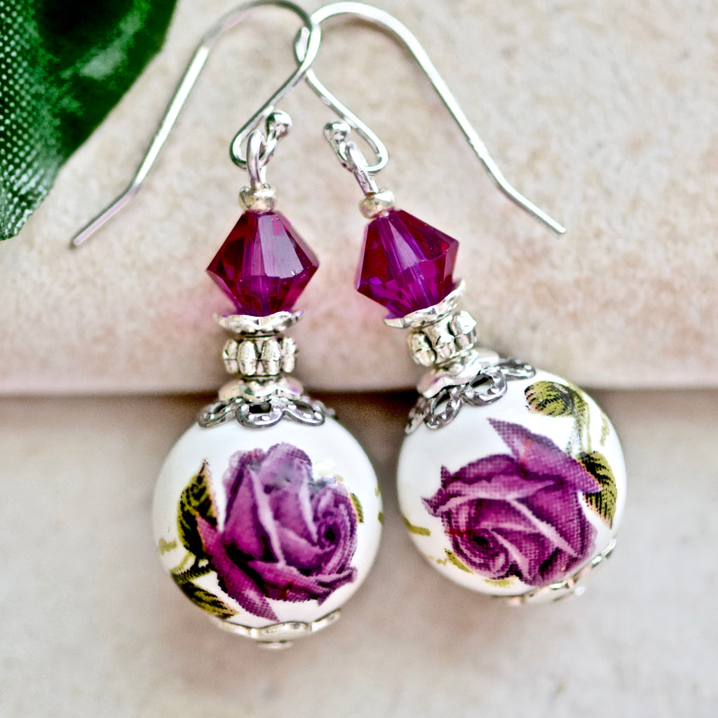 Fuchsia Purple Rose Flower Crystal Silver Earrings