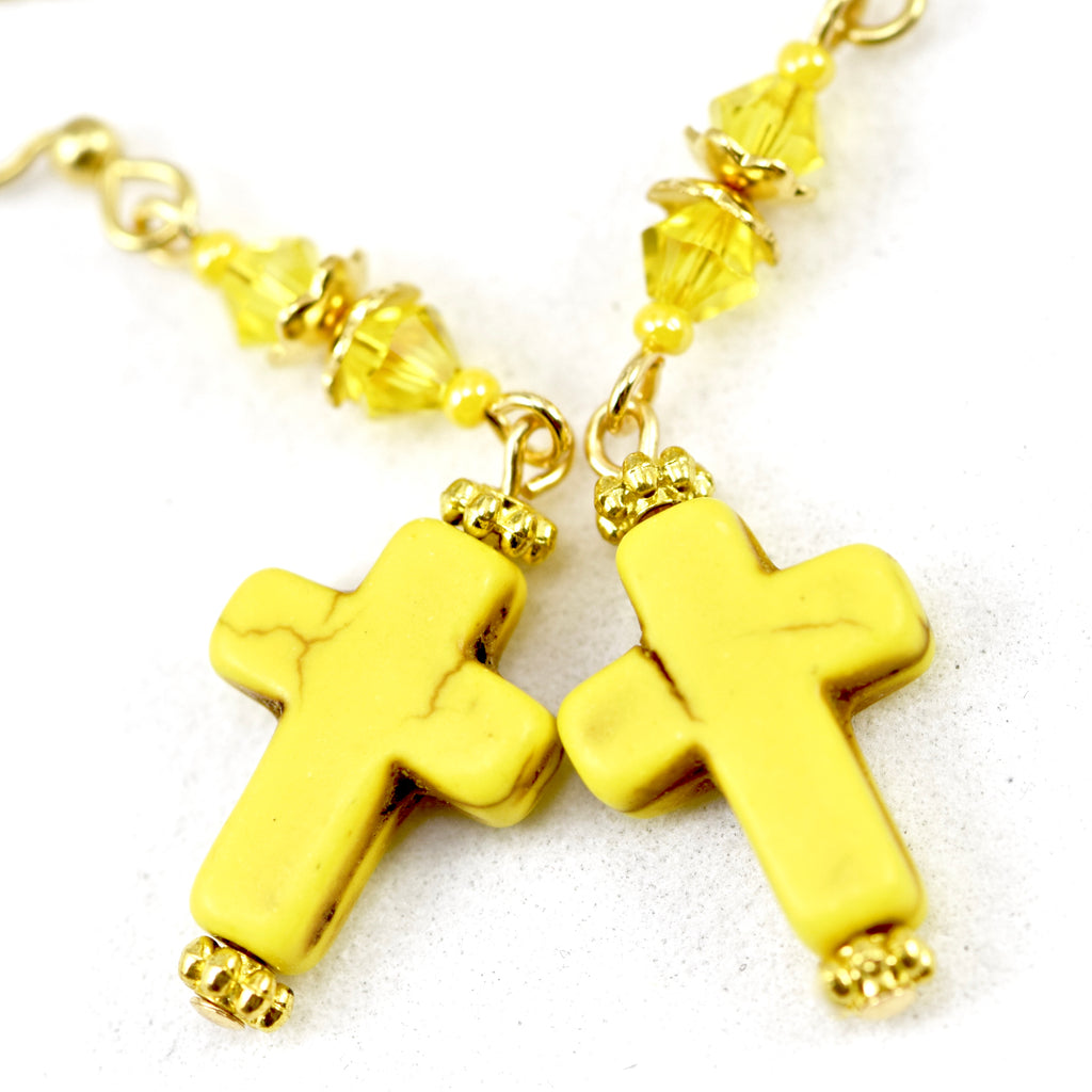 Yellow Stone Cross Crystal Gold Earrings
