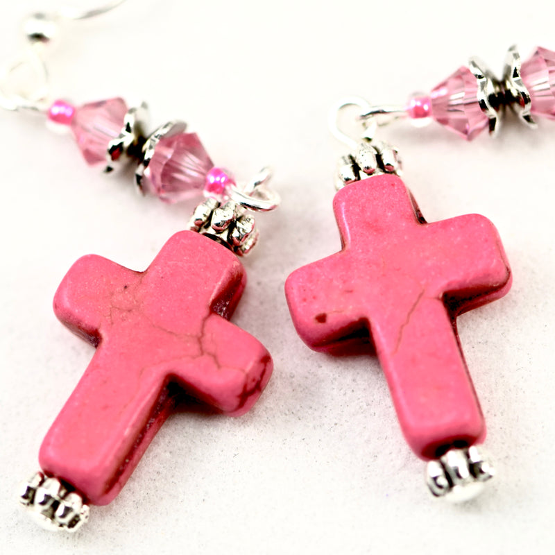 Pink Stone Cross Crystal Silver Earrings