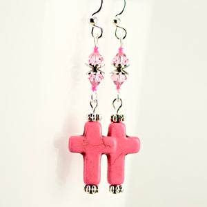Pink Stone Cross Crystal Silver Earrings