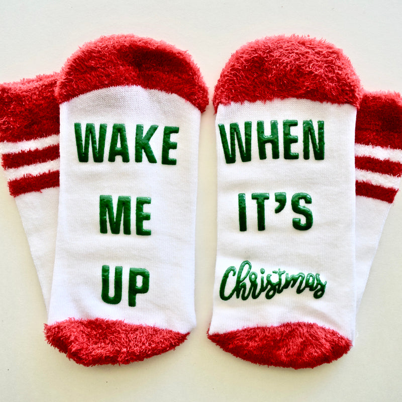 Wake Me Up When It's Christmas Red White Non Slip Crew Socks