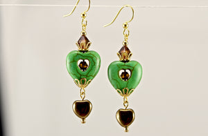 Green Stone Heart Crystal Bronze Gold Earrings